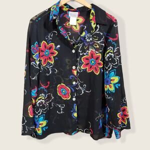Renaissance semi sheer colorful large floral print button up blouse woman's sz L
